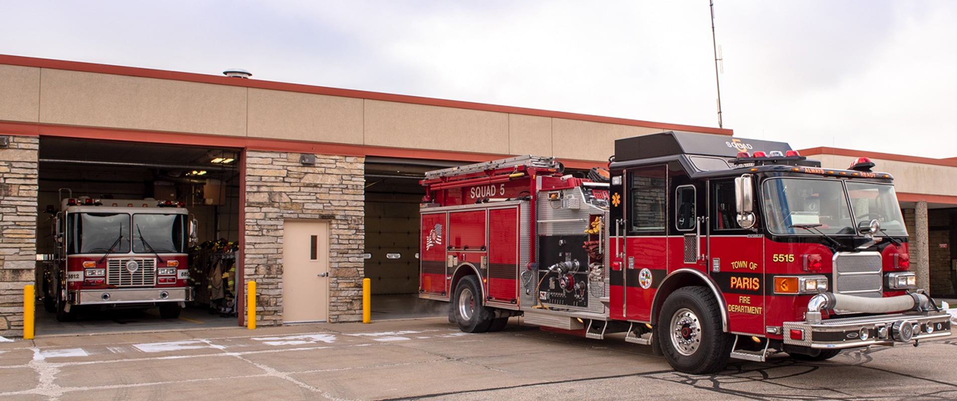 fire station with fire trucks