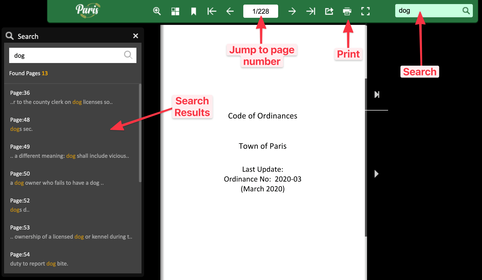 PDF viewer instructions pointing out how to search, print, etc