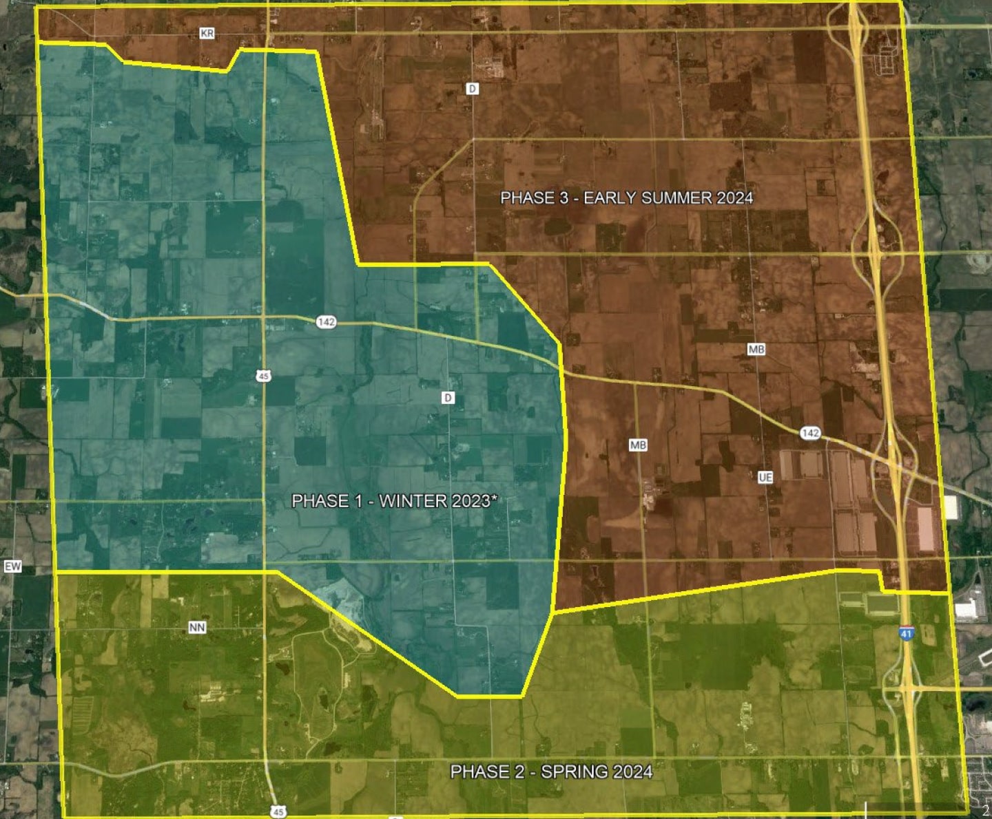 Midwest Fiber Network installation phases map showing Phase 1 in Winter 2023, Phase 2 in Spring 2024, and Phase 3 in Early Summer 2024
